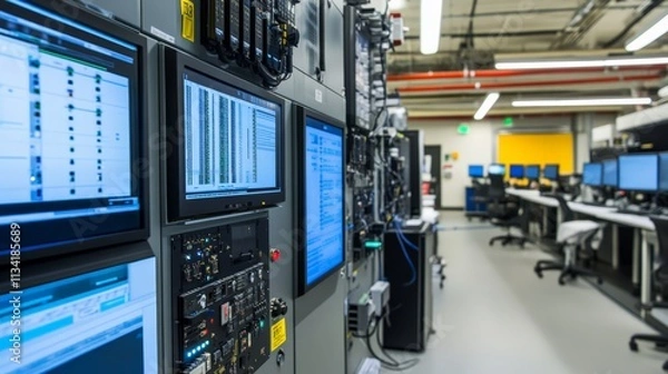 Fototapeta Monitoring system setup data center technology indoor wide-angle network management and operations