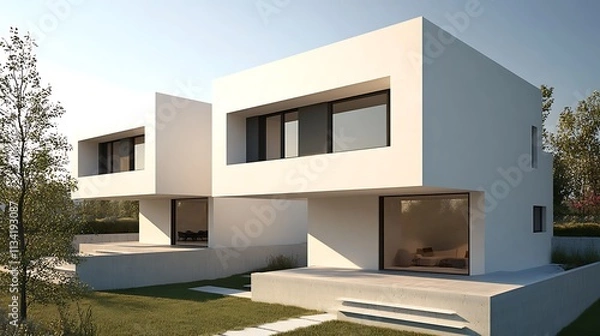 Fototapeta High-definition showcase of a sleek and detailed modern duplex house