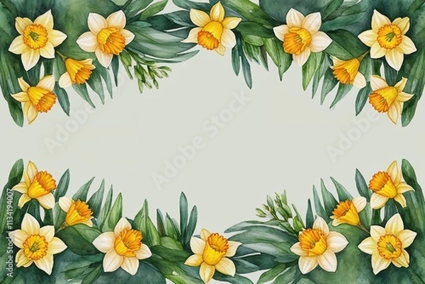 Fototapeta Spring Watercolor Seamless Border Featuring Soft Yellow Daffodils and Vibrant Greenery for Celebrations and Greeting Cards