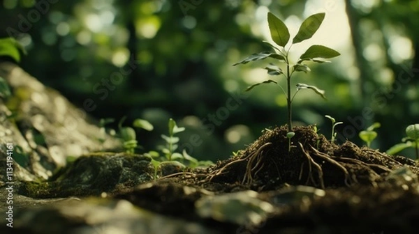Fototapeta Young sprout emerging from soil on rocks in forest.