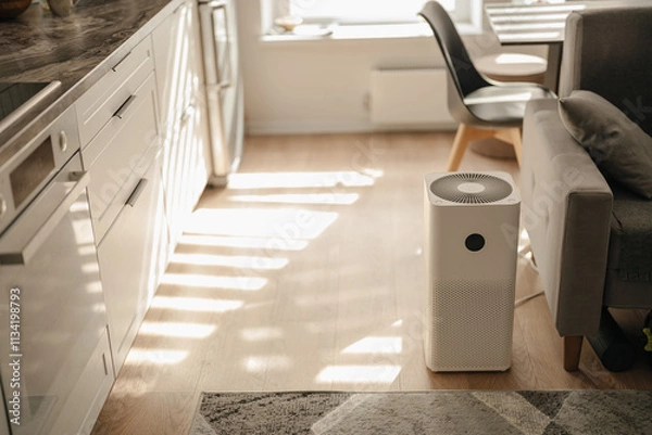 Fototapeta White air purifier from dust and viruses in the interior of the apartment opposite the sofa with sun rays. Health and technology.