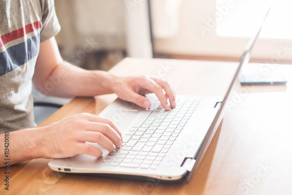 Fototapeta Hands typing on a notebook closeup. Workplace