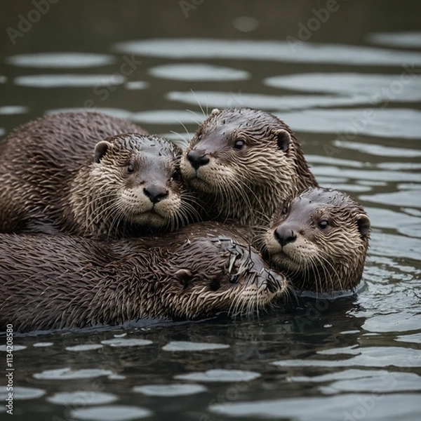 Fototapeta A playful otter family cuddling on a neutral surface.