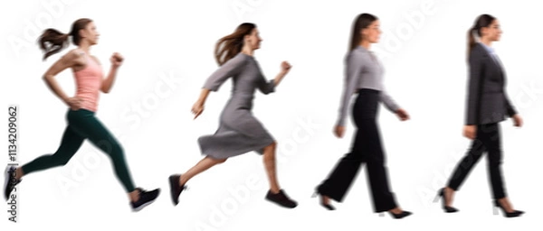 Fototapeta Women Running in Dresses with Motion Blur Isolated on Transparent Background PNG for Photo Scenes Set
