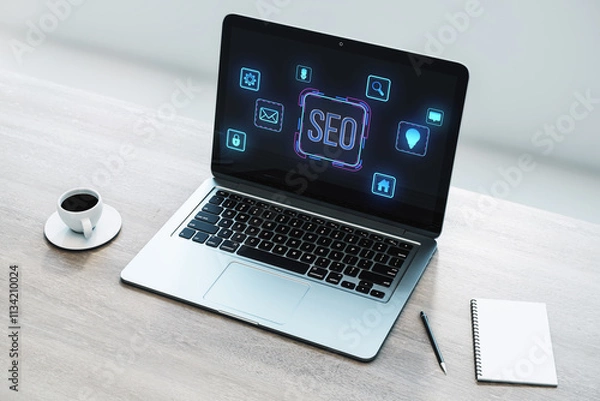 Fototapeta Laptop displaying SEO concept with glowing icons on the screen, placed on a wooden desk with coffee, notebook, and pen. 3D Rendering