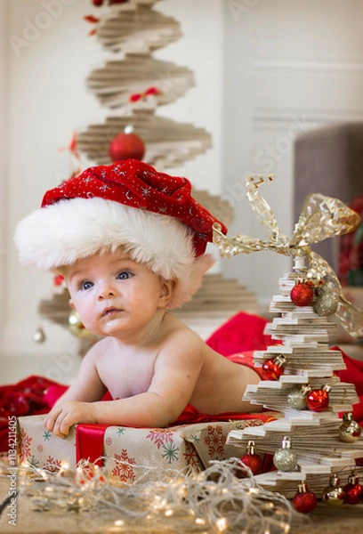 Obraz little child in santa hat with christmas tree