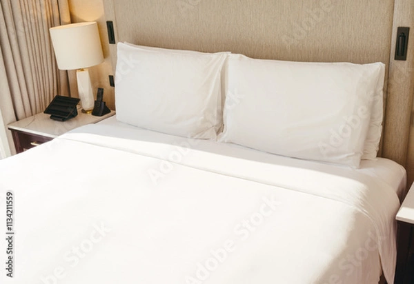 Fototapeta White pillows on the bed in modern bedroom