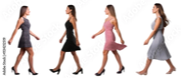Obraz Stylish Women Walking in Dresses with Motion Blur Isolated on Transparent Background PNG for Photo Scenes Set