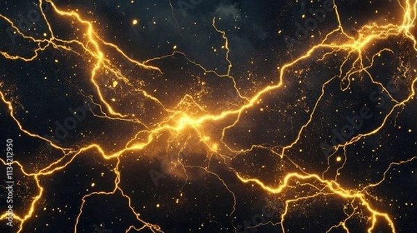 Obraz Thunderstorm golden lightening on a dark background. image