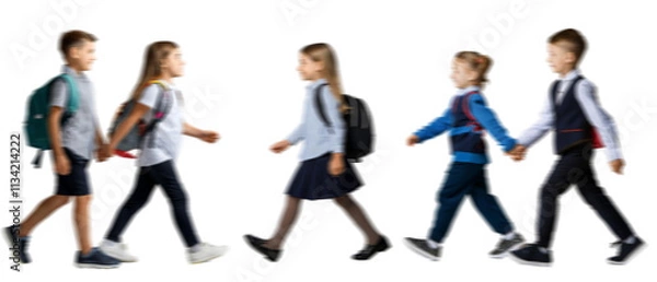 Fototapeta Motion blur walking school kids boy girl silhouettes isolated on transparent background PNG for photo scenes	
