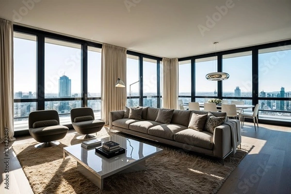 Fototapeta Futuristic Bright Apartment Design Featuring Oversized Windows and Modern Furnishings
