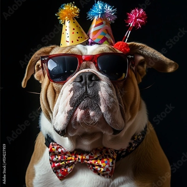 Fototapeta Happy birthday party greeting card with a funny animal theme, featuring a bulldog dog in a party outfit with sunglasses and a bow tie, isolated on a black background.