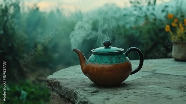Fototapeta Brewing tradition steam rising from a teapot in a serene outdoor garden setting