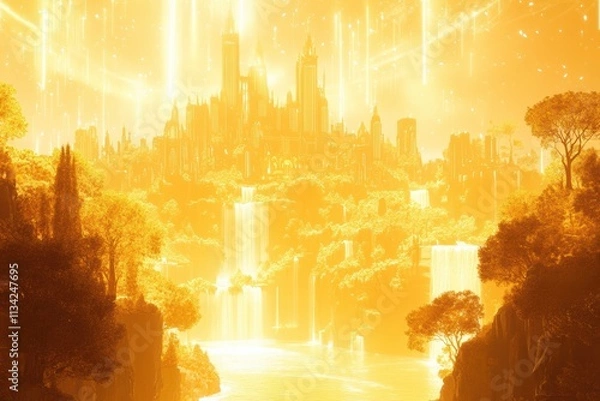 Obraz A sprawling golden city surrounded by a luminous halo, with radiant trees and cascading waterfalls blending seamlessly with glowing architecture, crafted through AI 