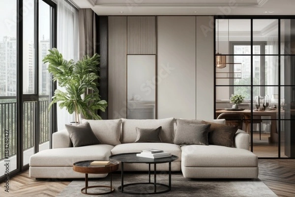 Fototapeta A living room with a couch, coffee table, and potted plant