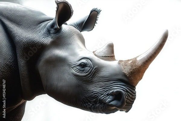 Fototapeta Studio photo of a rhino isolated against a white background. Wildlife and conservation concept, space for copy.