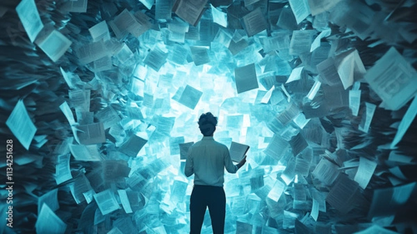 Fototapeta Man Surrounded by Flying Papers Symbolizing Chaos and Information Overload in a Dynamic Environment