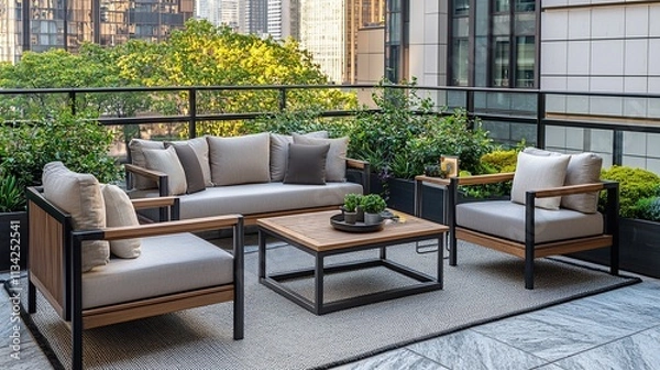 Obraz Modern outdoor patio furniture set on city balcony.