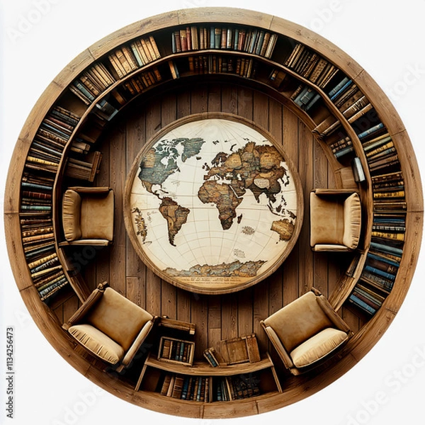 Fototapeta "Circular Library with Bookshelves, Chairs, and World Illustration"