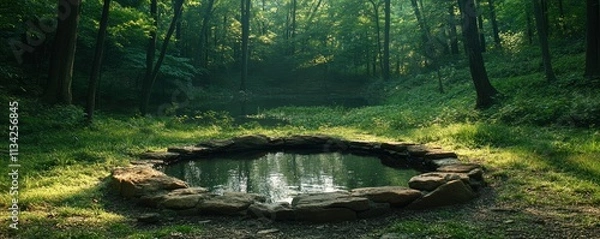 Obraz A serene forest scene featuring a circular stone pool surrounded by lush greenery.