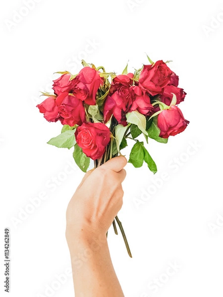 Fototapeta the woman's hand holds out a bouquet of withered red flowers. Withering and weakness concept