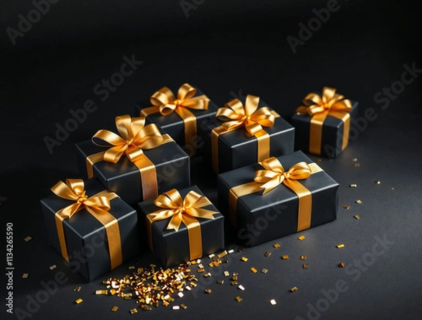 Fototapeta Gift presentation with stylish black and gold boxes elegant setting festive atmosphere close-up view for celebrations