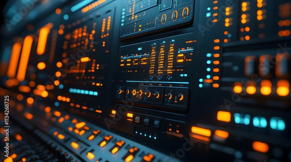 Fototapeta A close-up of a futuristic control panel with glowing buttons and displays.