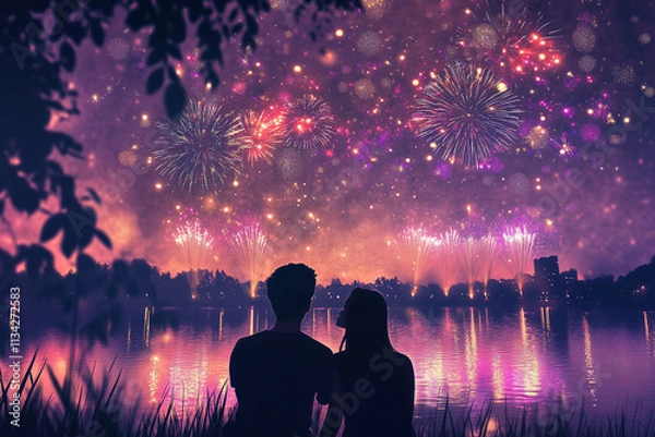 Obraz couple by the lake watching fireworks display