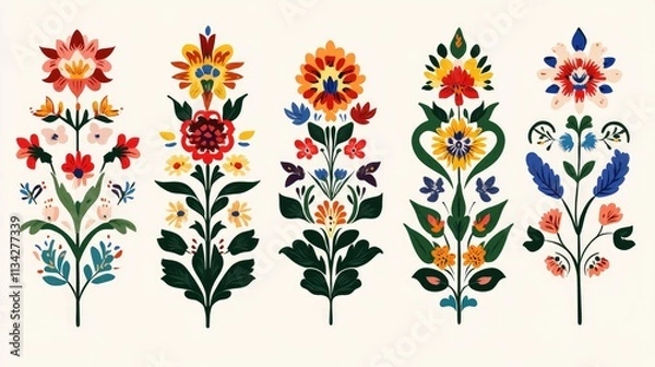Fototapeta Vector set of traditional Mexican folk ornaments with symmetrical pattern of colorful flowers and leaves on light background. Floral motifs. Flat designs for textile printing, decor, packaging, cards