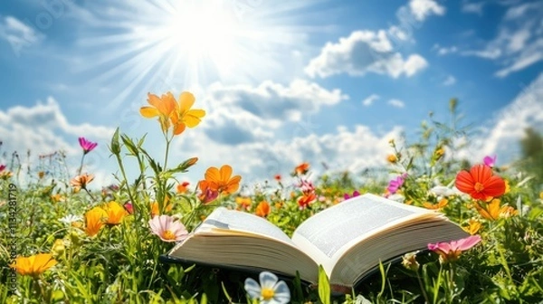 Obraz Vibrant flowers bloom in a sunlit meadow under a blue sky. with an open book on the theme of education and reading