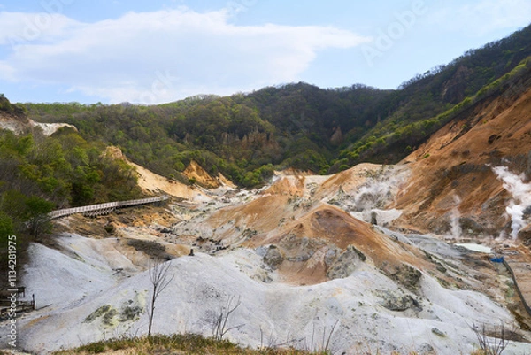 Fototapeta 【登別】むき出しになった岩肌と遊歩道がある地獄谷