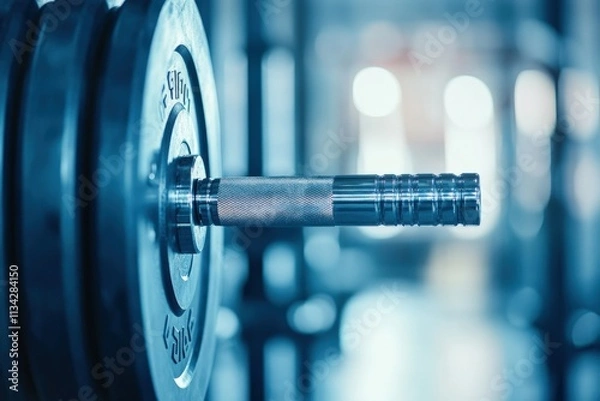 Fototapeta Close-up of a dumbbell in a gym setting, emphasizing fitness equipment and the ambiance of a workout space with warm lighting.. Beautiful simple AI generated image