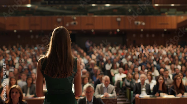 Obraz confident woman in an elegant dress stands at the front of her audience, facing away from us and looking out over them with confidence gives a presentation or speech to a large crowd in a conference 