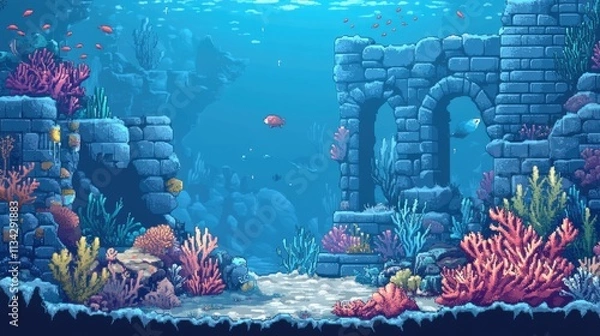 Obraz Video game underwater graphics, level design background, coral reef retro vintage gaming backdrop, anime water,