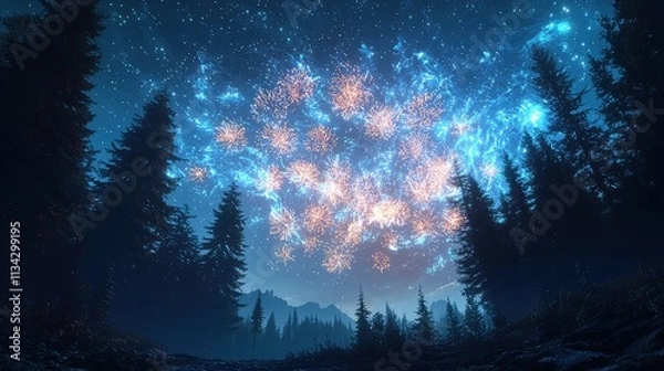 Fototapeta A vibrant New Yearâ€™s fireworks show above a dark forest with the tree silhouettes outlined by light The fireworks burst in vivid colors creating a magical scene in the quiet wilderness 