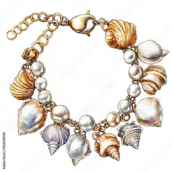 Fototapeta A beautiful bracelet featuring various seashells and pearls, combining elegance with a coastal theme.