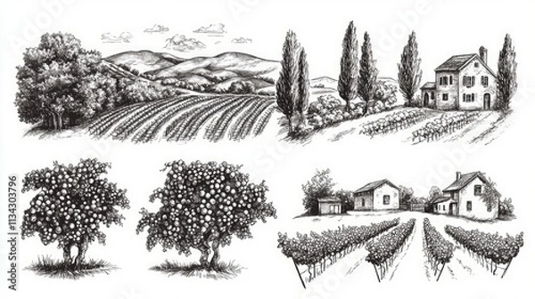 Obraz Vineyard landscapes sketch set. Hand drawn vintage rural grape plants vine field plantation and winery house vector illustration