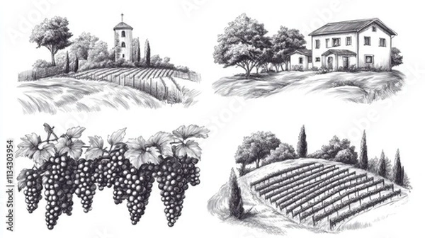 Obraz Vineyard landscapes sketch set. Hand drawn vintage rural grape plants vine field plantation and winery house vector illustration