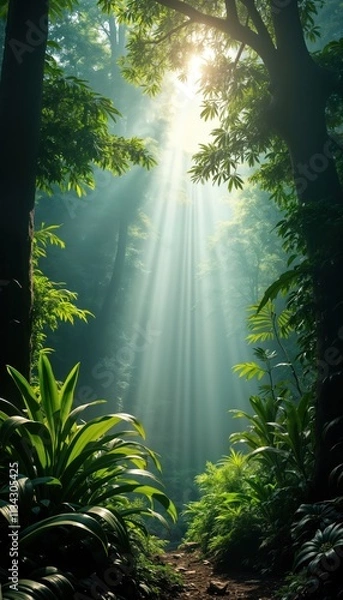 Fototapeta Sunlight beams through rainforest canopy creating magical ambiance. Green foliage, trees create dense eco environment. Nature scene perfect for eco tourism, nature documentaries travel publications.