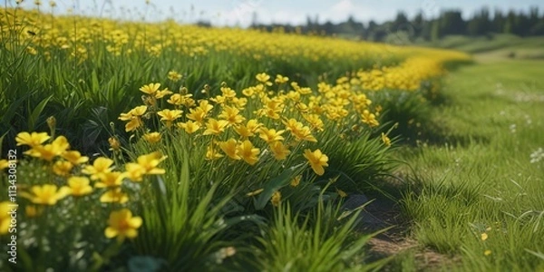 Fototapeta Row of yellow flowers with green leaves are in a field of grass, garden, countryside