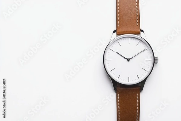Fototapeta Minimalistic solid-color watch design with brown leather strap on a clean background