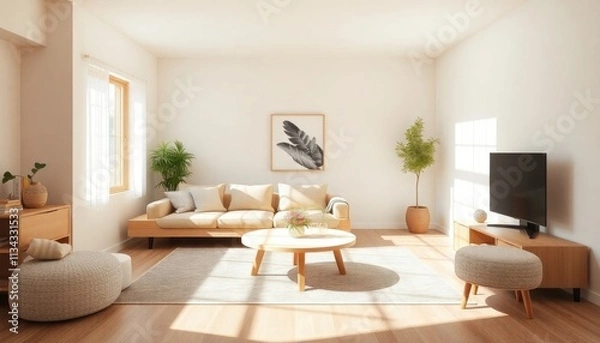Fototapeta A modern living room with a large window, white walls, and a neutral color palette featuring a beige sofa, wooden coffee table, and a flat-screen TV	