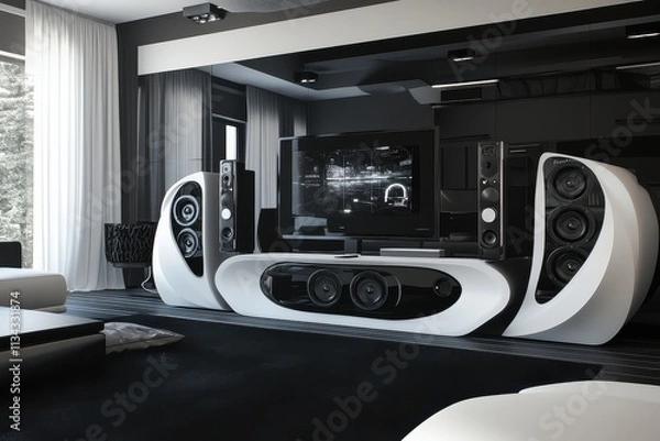 Obraz Modern living room featuring sleek black and white entertainment system with large speakers and a flat-screen TV.