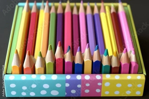 Fototapeta A vibrant assortment of colored pencils neatly arranged in a decorative box with polka dots.