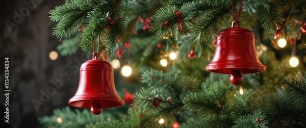 Fototapeta Red bell hanging from Christmas tree branches , tree, festive, holiday