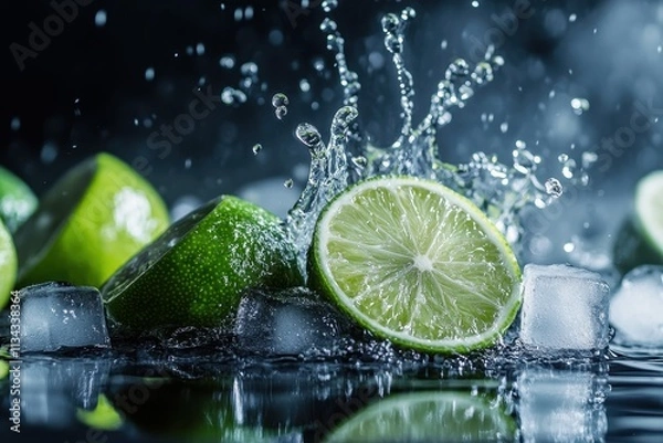 Fototapeta Limes splashing in water with ice cubes. Perfect for refreshing drinks, summer themes, or healthy lifestyle content.