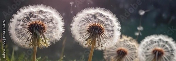 Fototapeta Whimsical dandelion flower background with soft focus, nature, abstract