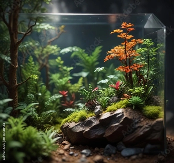 Fototapeta detailed view of a mini forest within the terrarium, , ferns, tropical landscape