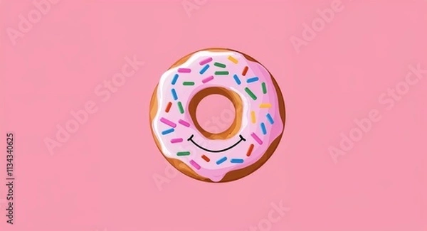 Obraz A smiling donut with rainbow sprinkles kid art illustration on a plain pink background