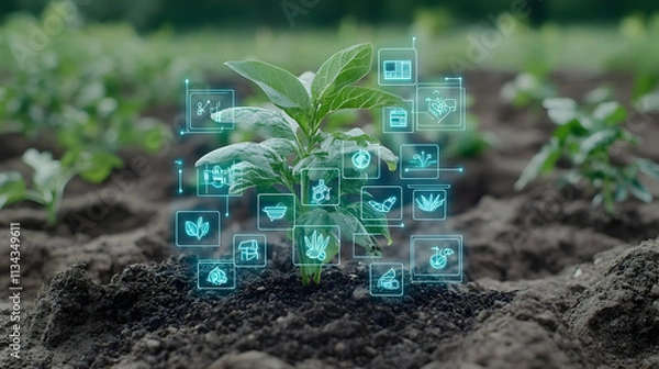 Obraz Smart farming technology A young plant in soil with digital icons representing data and automation.